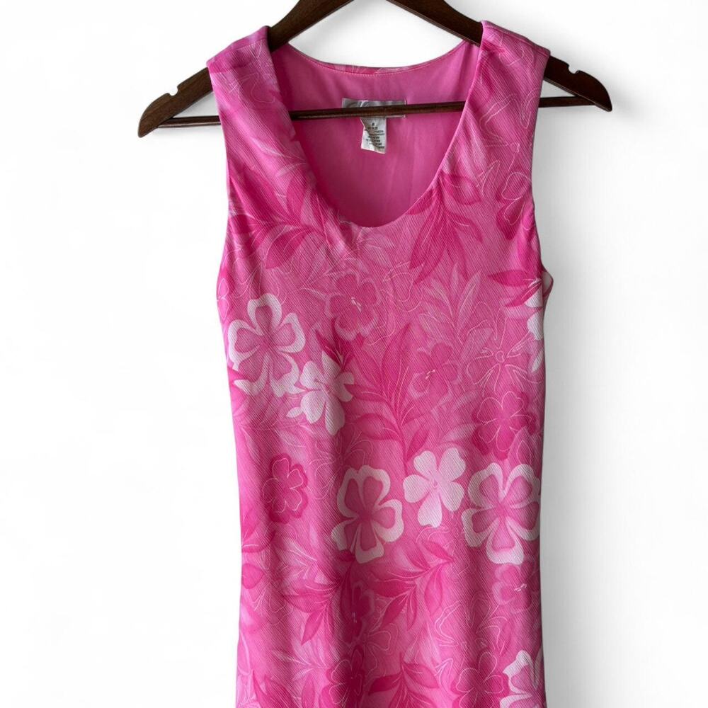 Y2K Pink Hawaiian Floral Stretch Midi Dress – Romantic Bodycon M